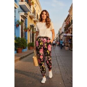 Boston Proper Black Pink Floral Lined Jogger Pant XS Chic Boho Teacher Errands